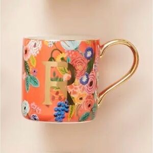Floral Monogram 'R' Ceramic Mug in Coral with Gold Handle